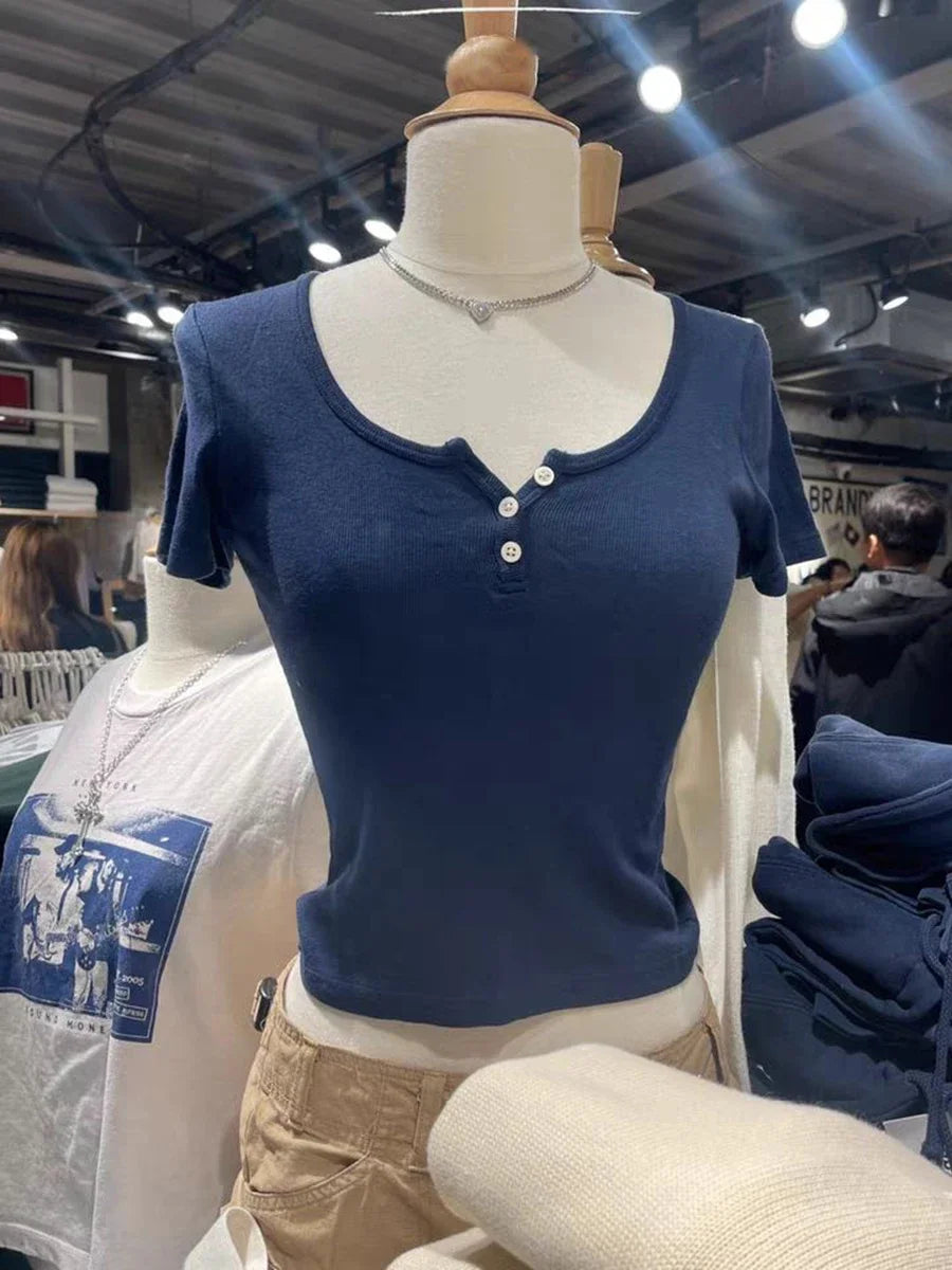 Blue Three Buttons Slim Crop Top Women Casual O-neck Cotton Short Sleeve T Shirt Grils Vintage Sweet Preppy Style Basic T-shirts