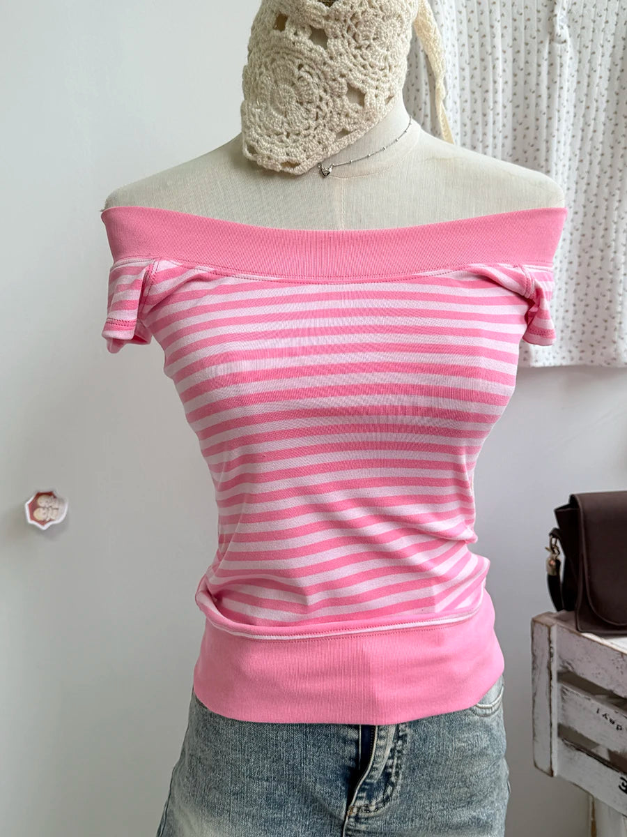 Pink Pinstripes Slash Neck Tee Shirts Women Casual Short Raglan sleeve Cotton Slim Tshirts Sweet Cute Preppy Style T-shirts Y2K
