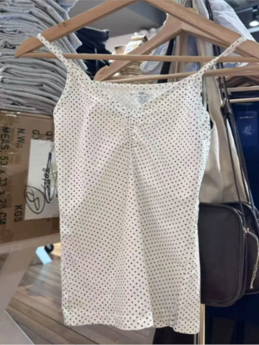 Polka Dots Print Folds Camisole Women Summer New Cotton Soft Casual Slim Sleeveless Female Vest Sweet Vintage Cute Tank Tops Y2K