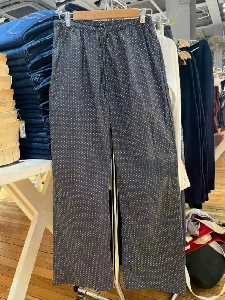 Navy Dot Drawstring Straight Sweatpants Women Summer Y2K Cotton Linen Casual High Waist Trousers Vintage Sport Long Pants New
