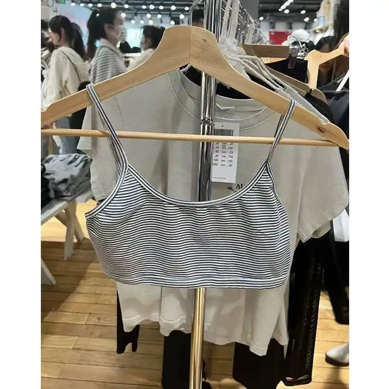 Blue Striped V-neck  Slim Bra Top Women Summer Cotton Sexy Camis Tank Tops Female Cute Y2K Clothes Sweet Preppy Style Home Vest