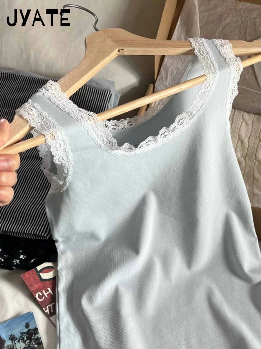 New Sweet Blue Lace Trim Tank Tops Women Summer Cotton Slim Sexy Simple Sleeveless Vests Harajuku Vintage Cute Camis Y2K Clothes