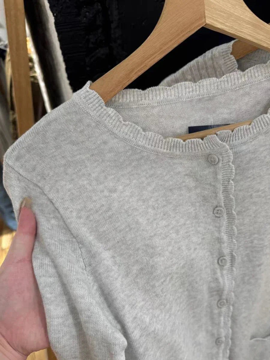 Gray Pockets Knitted Sweater Cardigan Women Autumn Cotton Round Neck Long Sleeve Sweaters Sweet Preppy Style Knitwear Y2K Tops