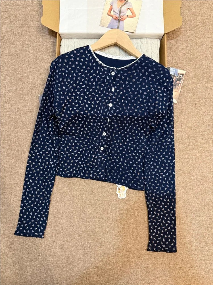 Floral Print Lace Trim Navy T-shirts Cardigan Women Autumn Single Breasted Cotton Long Sleeve Tees Sweet Cute Preppy Style Tops