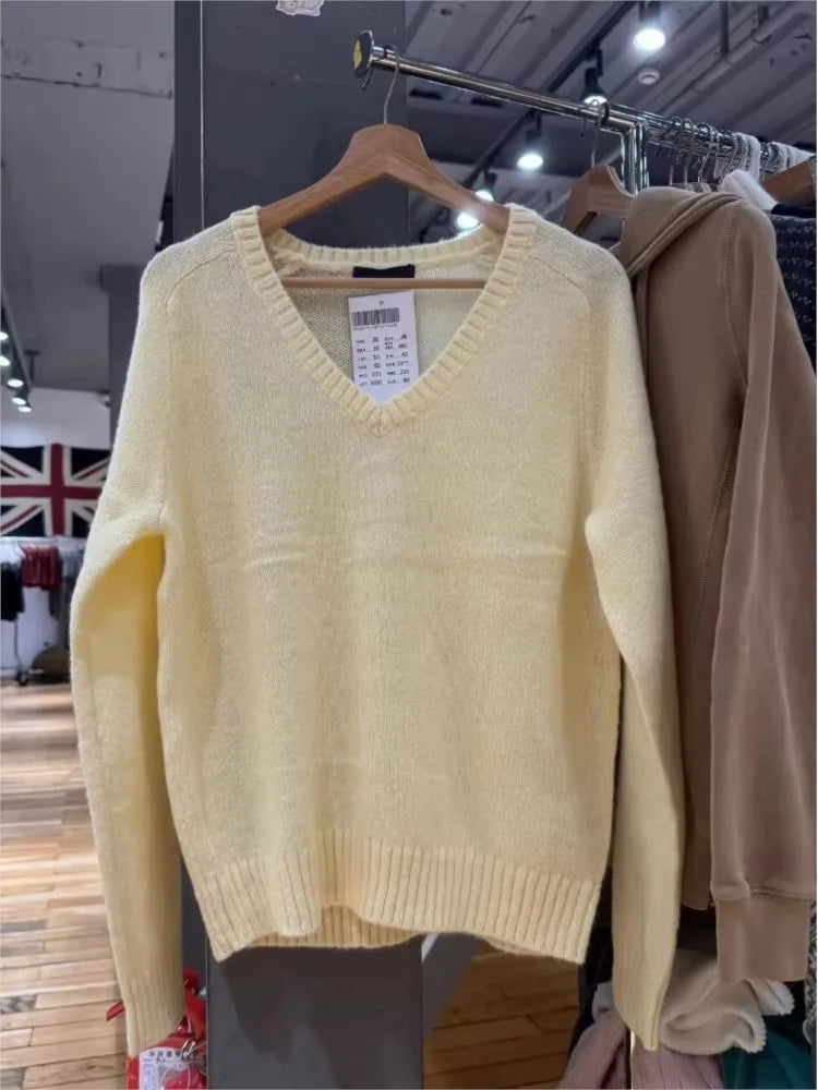 Yellow Sweater Woman Spring Casual Sweet V-neck Long Sleeve Knitted Pullover Cute Simple Preppy Style Sweaters Chic Y2k Jumpers