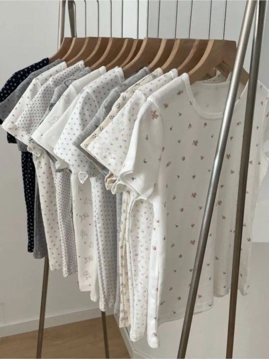 Eyelet Floral Print T-shirt Woman Summer Cotton Basic Round Neck Short Sleeve Tee Shirts Cute Sweet All-match Tshirt Y2K Tops