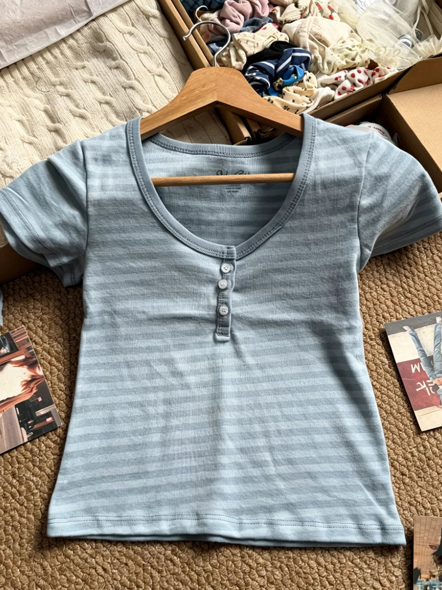 Blue Striped Slim Long Sleeve Tees Women Spring Casual Cotton O-neck Tshirt New Tops Clothes Sweet Cute  Vintage T-shirts Y2K