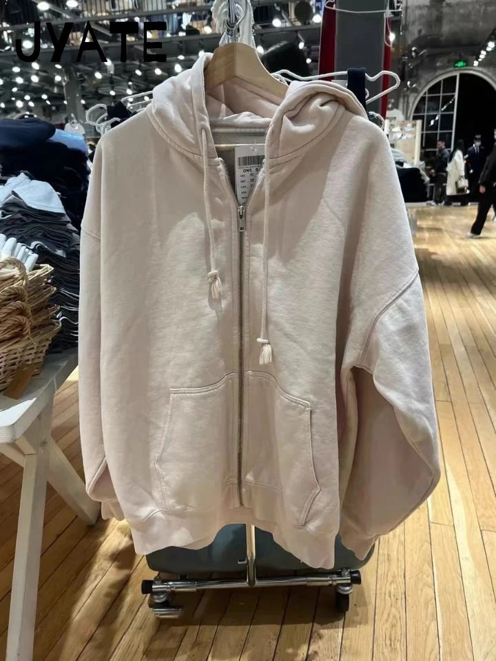 Simple Blue Cotton Oversized Hoodies Coat Women Autumn Casual Pocket Drawstring Zip-up Pullover Sweet Chic Vintage Sweatshirts