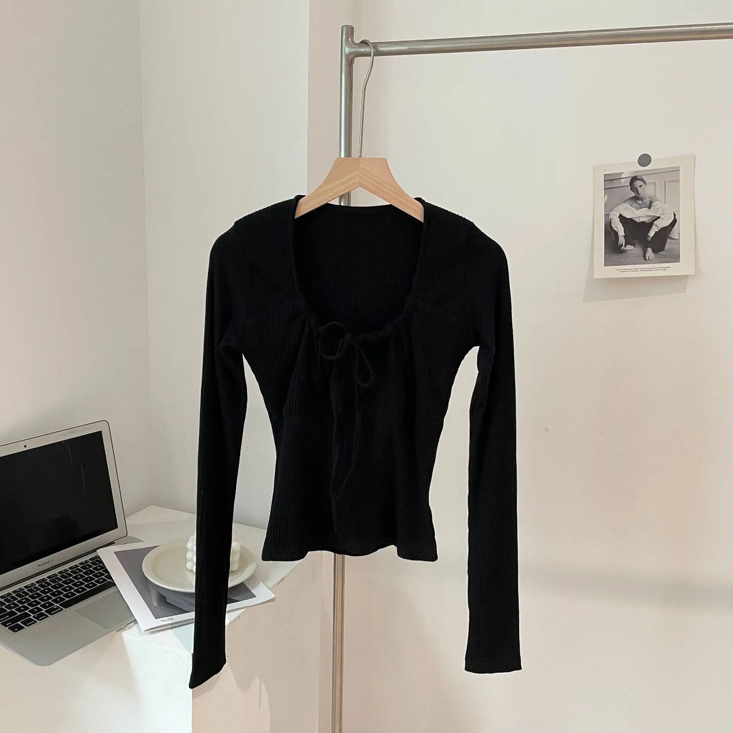 Sweet Lace-up Long Sleeve Tees Women New Casual Slim Solid Scoop Neck Streetwear Top shirt Vintage Preppy Style Cute T-shirt Y2K