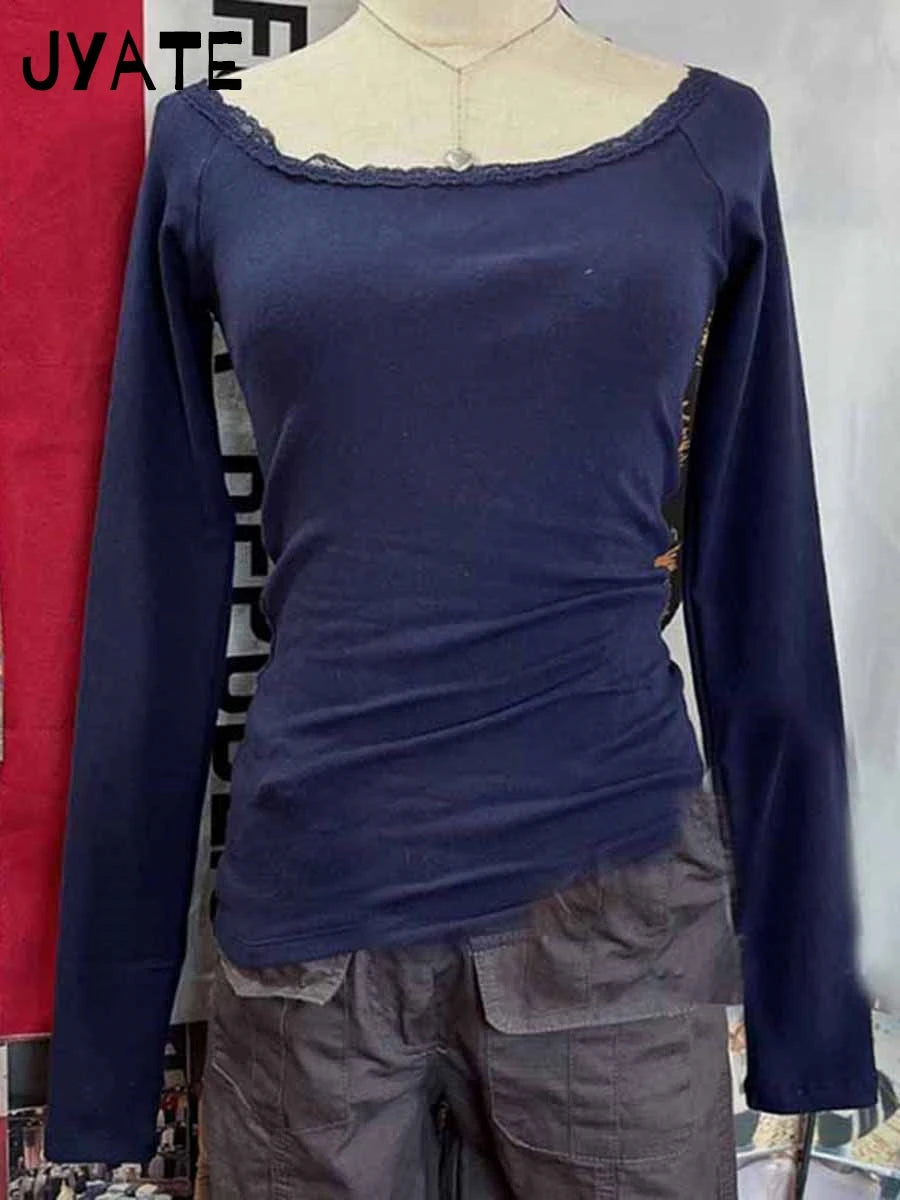 Sexy Slash Neck Cotton Long Sleeve Tees Women New Cute Lace Trim Casual Streetwear Tops Clothes Harajuku Chic Sweet T-shirts Y2K