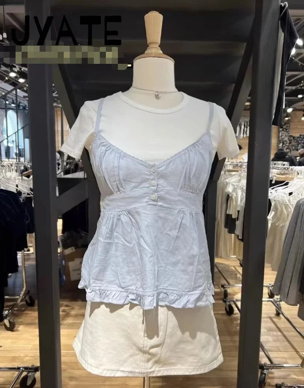 Retro White Lace Trim Blue Plaid Tank Tops Women New Buttons Back Lace-up Sleeveless Vests Vintage Chic Sweet Blouse Camis Y2K