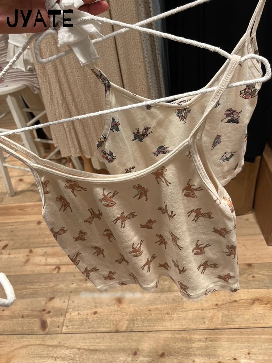 New Cute Little Deer Print Camisole Women Summer Cotton O-neck Simple Casual Slim Cropp Vests Sweet Vintage Chic Tank Tops Y2K
