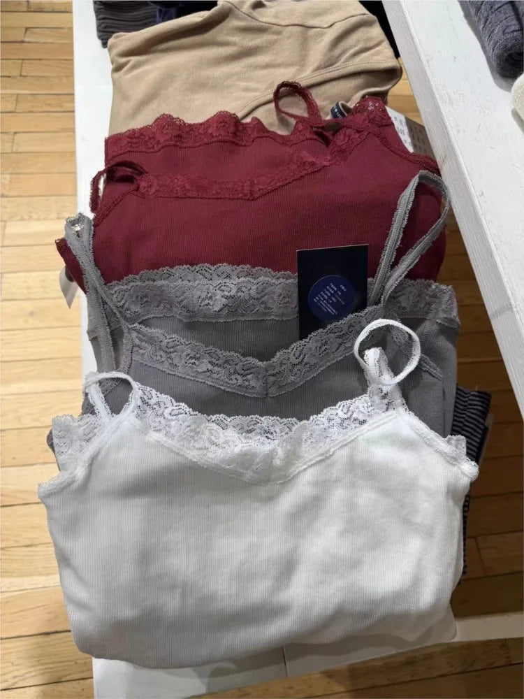 Ribbed Lace Trim Slim Tank Top Women Summer Solid Cute V-neck Cotton Camisole Female Casual Simple All-match Basic Vest Y2k Tops