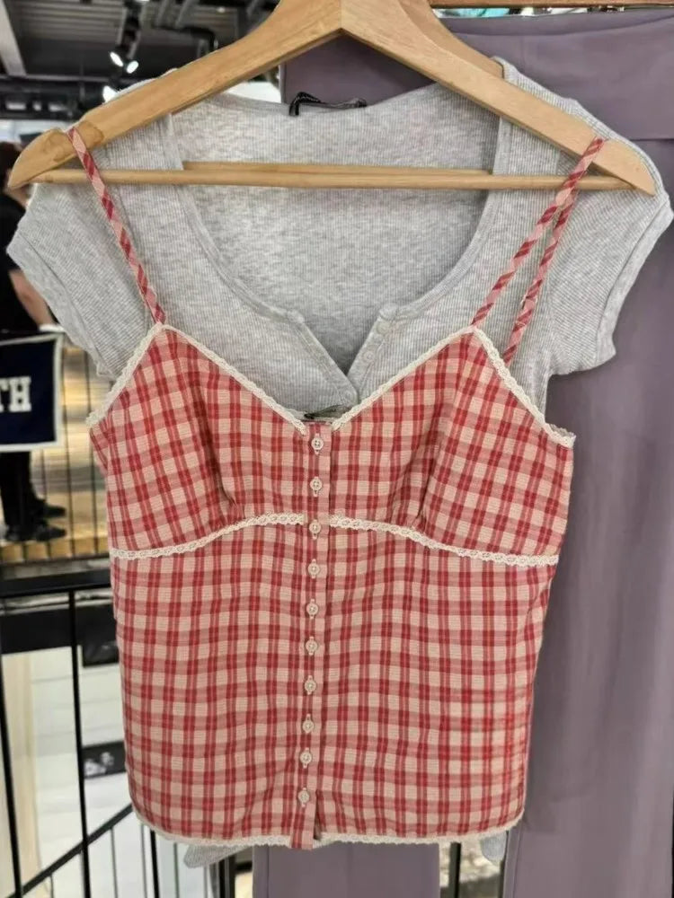 Pink Plaid Lace Trim Tank Tops Women Summer New Casual Cotton Sexy Slim Buttons Strapless Vests Sweet Vintage Cute Camisole Y2K