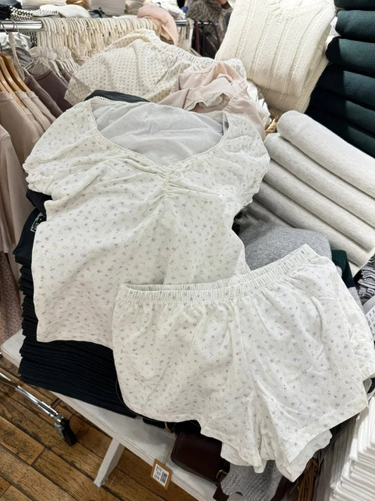 Sweet Floral Print Casual Shorts Women Knitted Elastic High Waist Home Short Pants Female Vintage Cute Straight Sweatpants Y2K