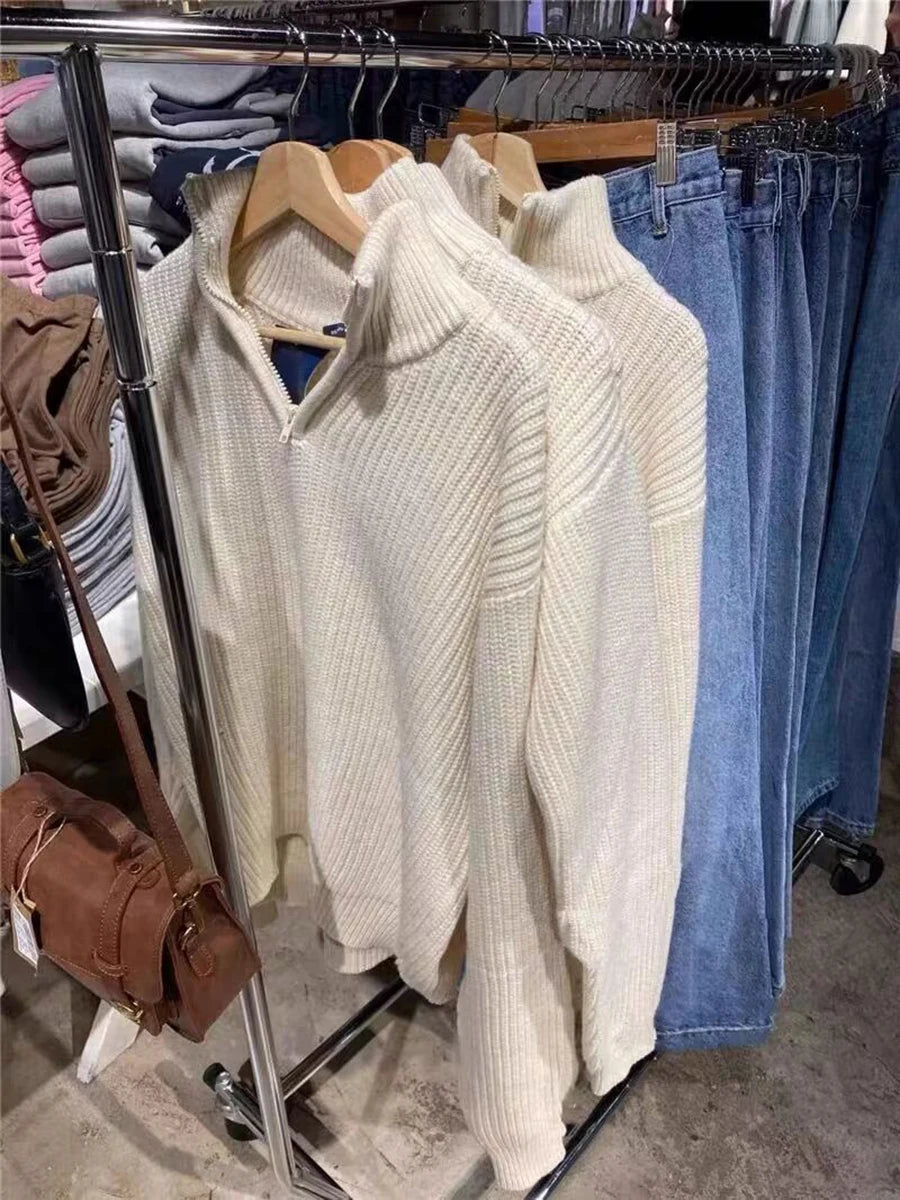 Vintage Zipper Mock Neck Oversized Sweater Women Autumn Loose Long Sleeve Jumper Fashion Sweet Preppy Style Pullover Tops Y2K