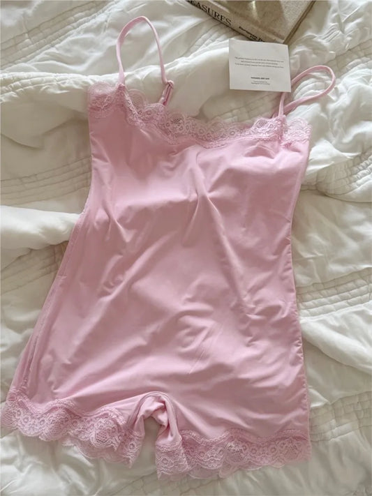 Pink Lace Trim Slim Playsuits Woman Chic High Elasticity Adjustable Strap Skinny Bodysuit Fashion Simple Smooth One-piece Tops