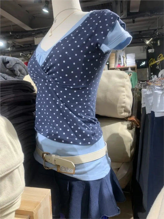 Navy Dot V-neck Sleeveless T-shirts Women Vintage Casual Simple Slim Cotton Crop Tops Female Sweet Cute Preppy Style Vests Y2K