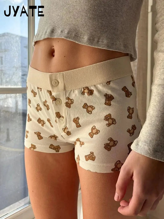 Sweet Little Bears Print Buttons Home Shorts Women Summer Casual Patchwork Elastic Waist Underwear Vintage Cute Y2K Short Pants