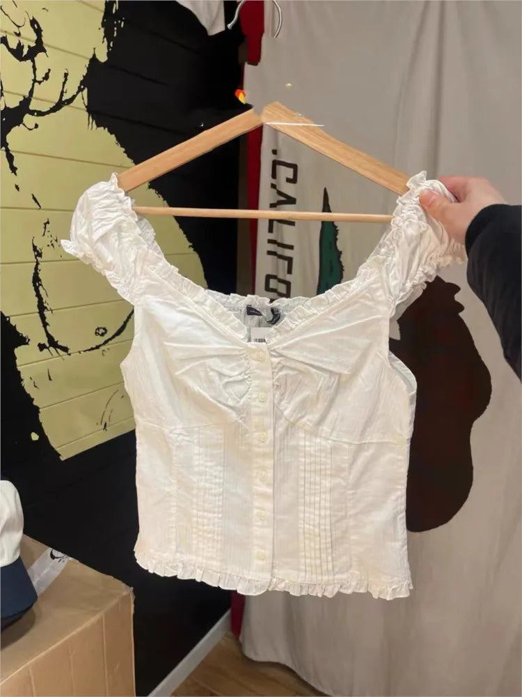 White Buttons V-neck Slim T-shirts Women Summer Lace Trim Retro Cotton Short Sleeve Tees Female Sweet Cute Street Tops Y2K