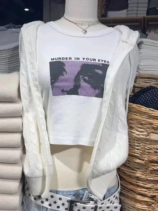 Y2k Graphic Print Slim Crop Tops Women Streetwear O-neck Short Sleeve Cotton Tees Female Summer Vintage Preppy Style Tshirt