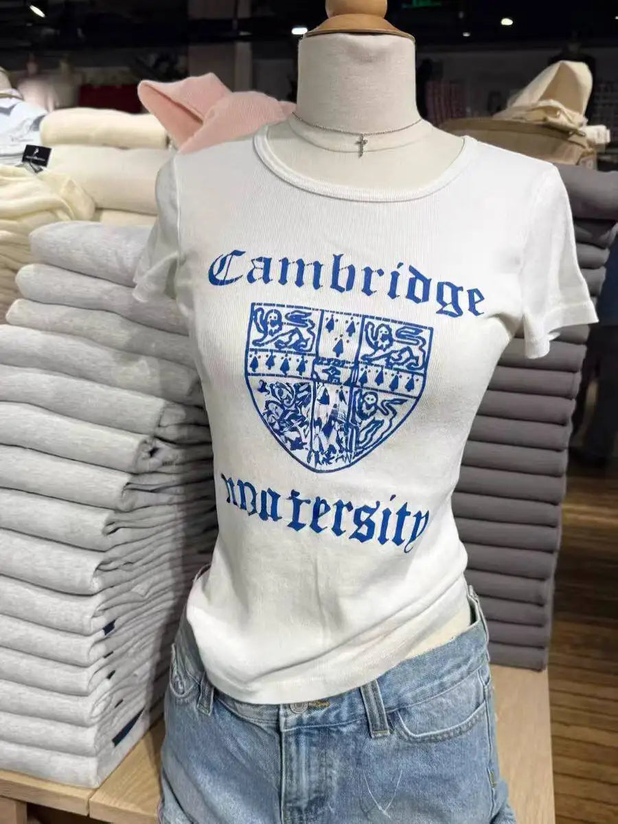 White Geometric Print Slim T-shirts Women Simple O-neck Short Sleeve Cotton Tee Tops Casual Streetwear Preppy Style Tshirts Y2K