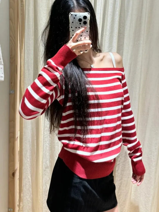 Red Striped Knit Sweater Women Autumn Streetwear Slash Neck Long Sleeve Pullovers Preppy Style New Sweet Casual Chic Jumpers Y2K