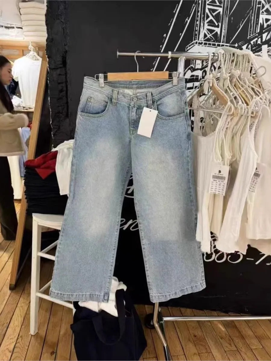 Vintage Back Letter Print Jeans Women Summer High Waist Pockets Straight Baggy Trousers Streetwear Loose Retro Y2K Denim Pants
