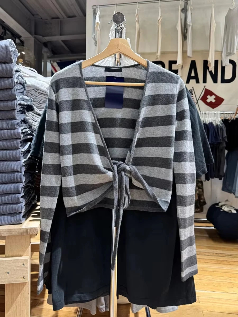 Striped Lace-up T-shirt Cardigan Spring Cotton V-neck Slim Long Sleeve Wrap Smock Female Vintage Sweet Crop Tops New Knitwear