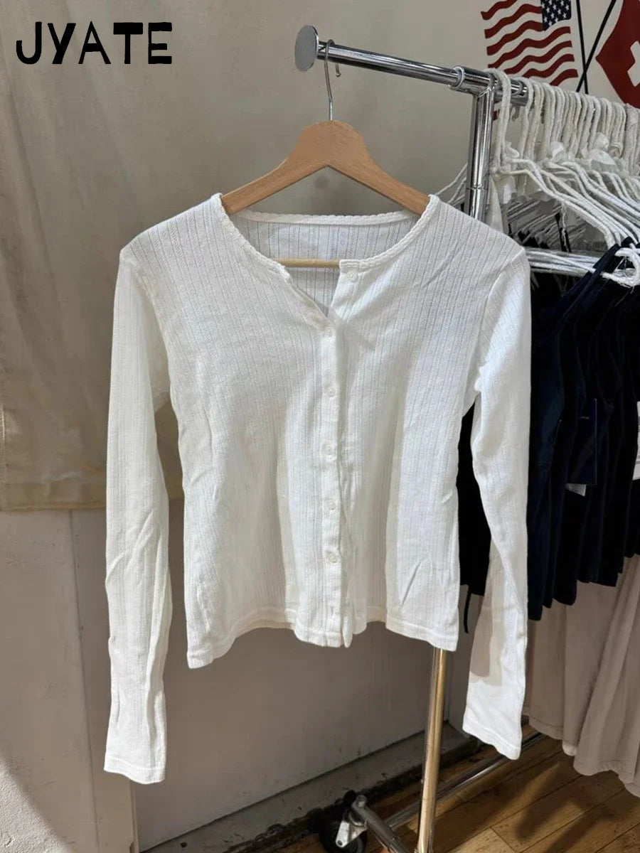 Sweet Eyelet Knitted White Long Sleeve Tees Women New Cotton Casual Slim Single Breasted Smock Tops Vintage Cute Basic T-shirts
