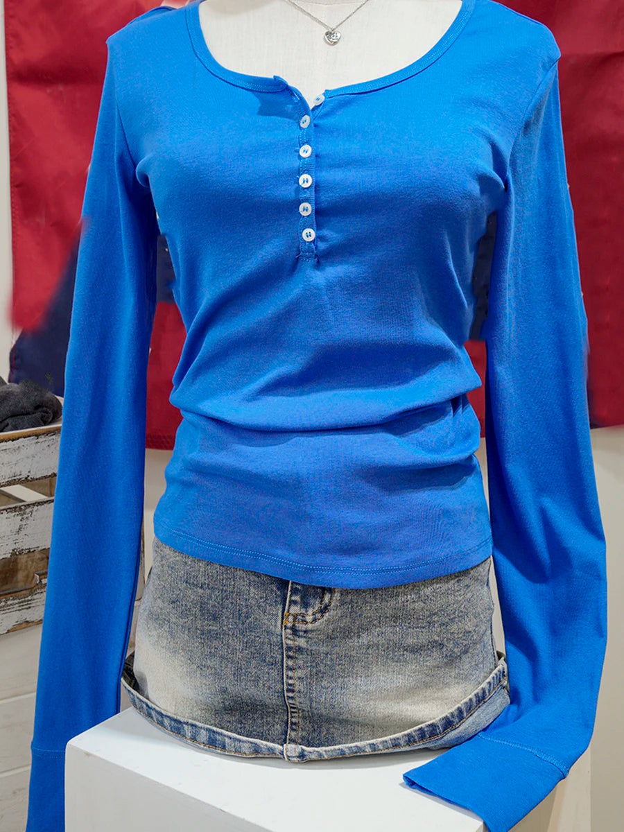 Pink Six Buttons Thin Long Sleeve T-shirts Women Spring Round Neck Cotton Slim Tee Top Female Cute Sweet Tshirt Y2k Tops New