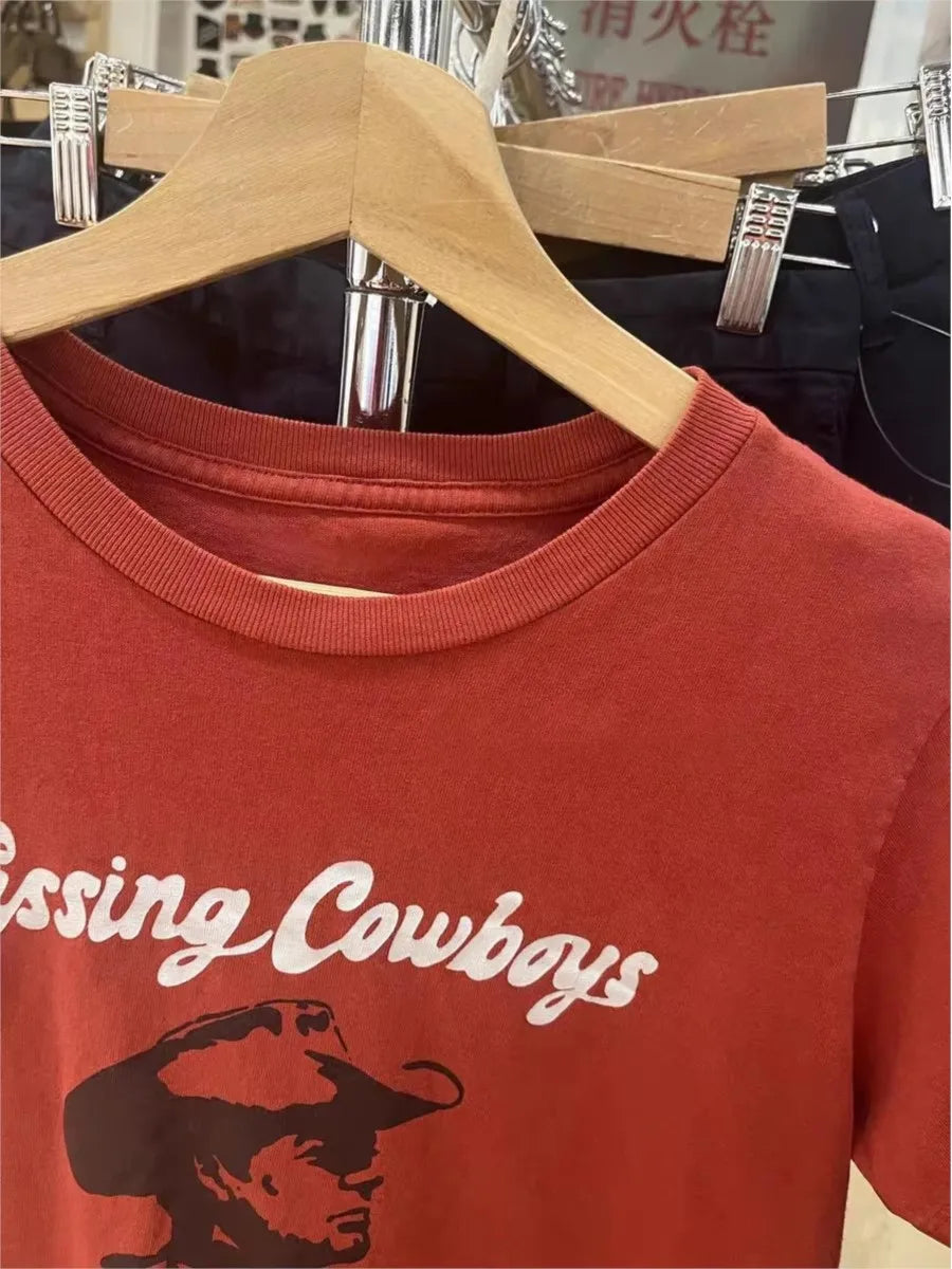 Red Cowboy Print Cotton T-Shirt Women Summer New Casual O-neck Short Sleeve Tee Shirts Vintage Preppy Style Cute Tshirt Y2K Tops