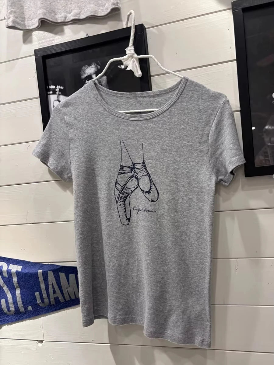 Ballet Shoes Print Slim T-shirt Woman Spring Chic Round Neck Short Sleeve Tee Shirt Sweet Cute Preppy Style Cotton Tshirts Y2k