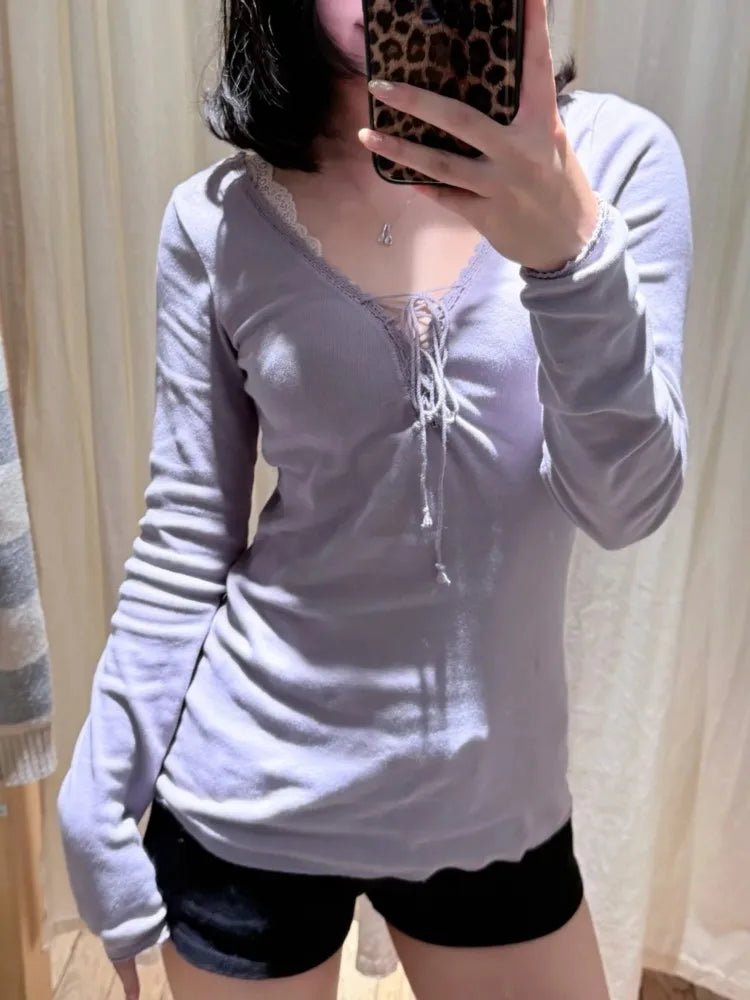 Lace-up V-neck Long Sleeve T-shirts Women Summer Y2K Streetwear Lace Trim Slim Cotton Tee shirt Female Sweet Simple Chic Tshirts