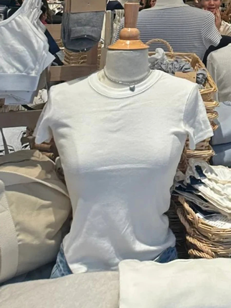 Solid O-neck Short Sleeve Tees Women Summer Casual Slim Simple Basic Cotton Soft T-shirts Preppy Style All-match Tops Y2K