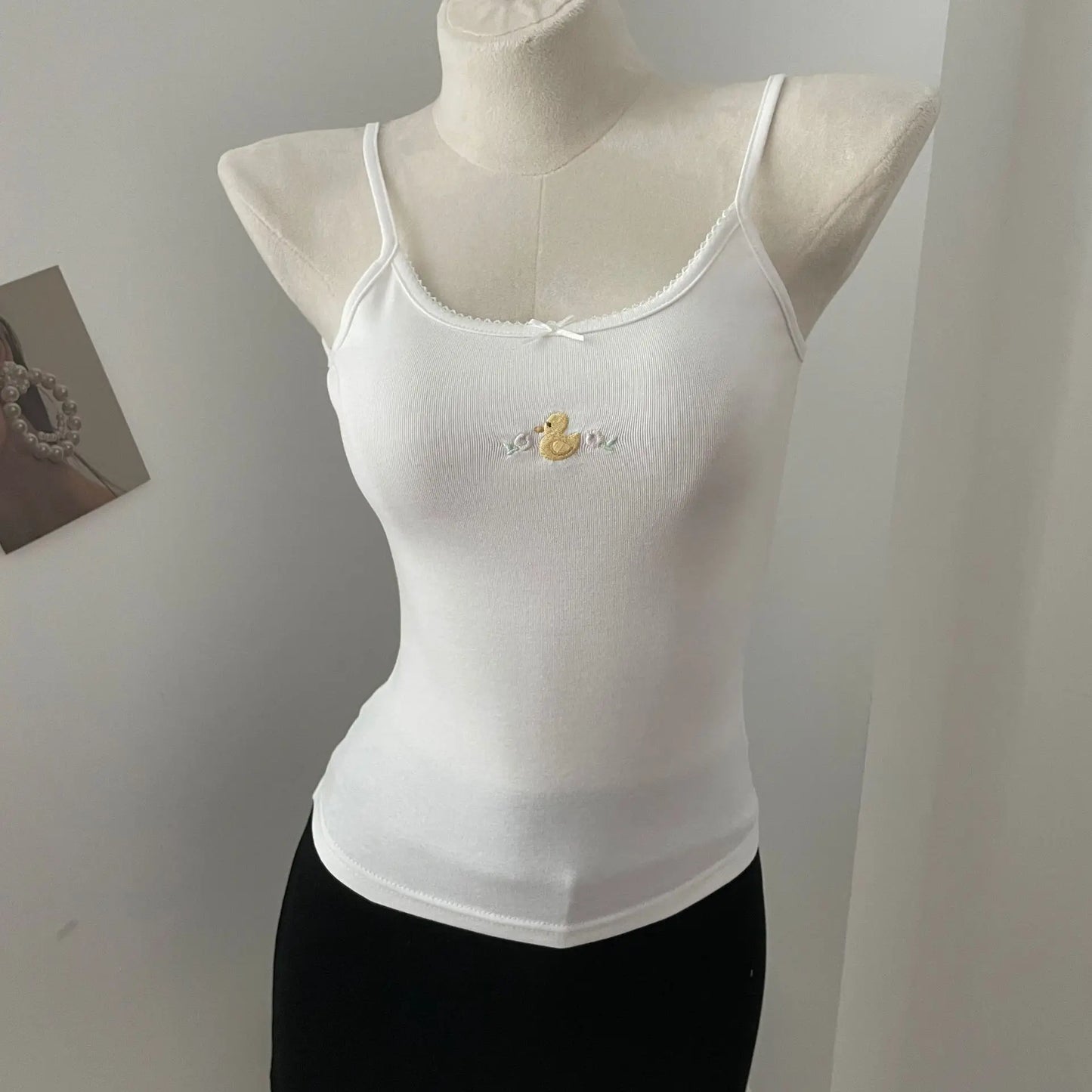 Cute Little Duck Embroidery Tank Tops Women Summer New Casual Slim Bow Sleeveless Vests Sweet Preppy Style Camisole Y2K Clothes