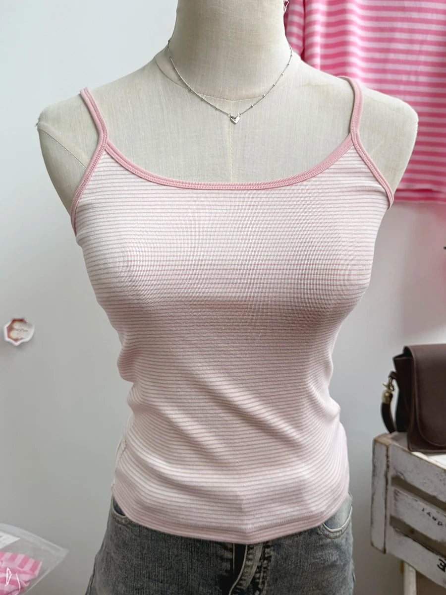 Blue Striped Eyelet Tank Tops Women Summer Y2K Cotton Soft Bow Lace Trim Sleeveless Vests Sweet Cute Preppy Style Camisole New