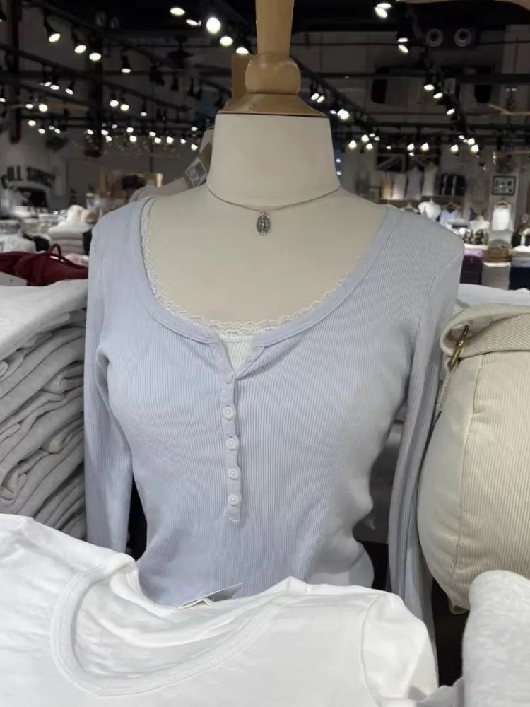 Sweet Blue Ribbed Buttons T-shirt Women Buttons O-Neck Cotton Slim Long Sleeve Tee Cute Vintage Preppy Style T Shirt Y2K Top New