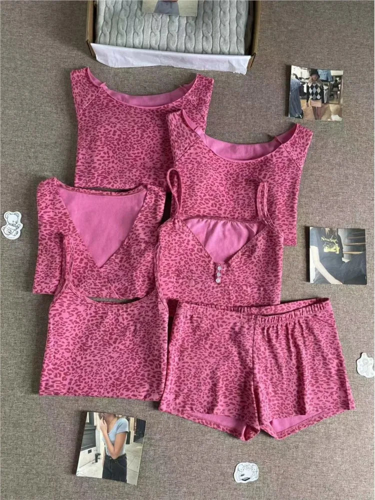 Leopard Print Collection T-shirts Women Summer Cotton Slim Small Flying Sleeves Vests Female American Vintage Sweet Tops Y2K