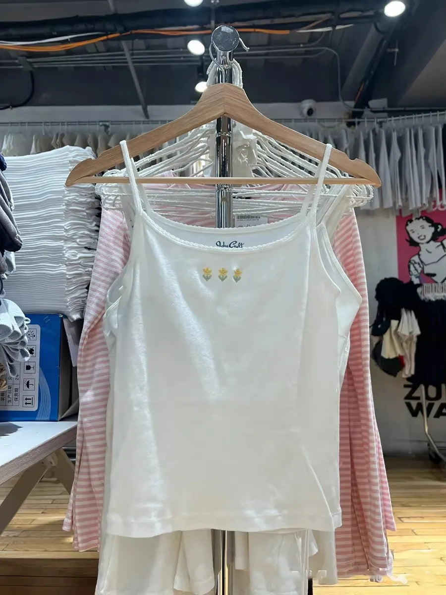 Three Floral Embroidery Slim Tank Top Women Preppy Style Lace Trim Cotton Camisole Female Vintage Sweet Cute Crop Top Y2K Vests