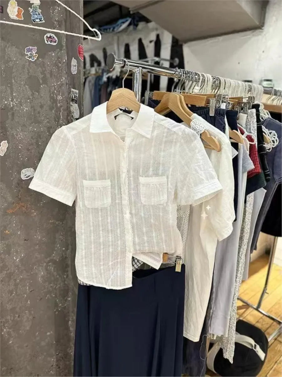 Sweet Pockets White Textured Blouse Women Turndown Collar Single Breasted Short Sleeve Shirts Tops Vintage Sweet Y2K Blouses New