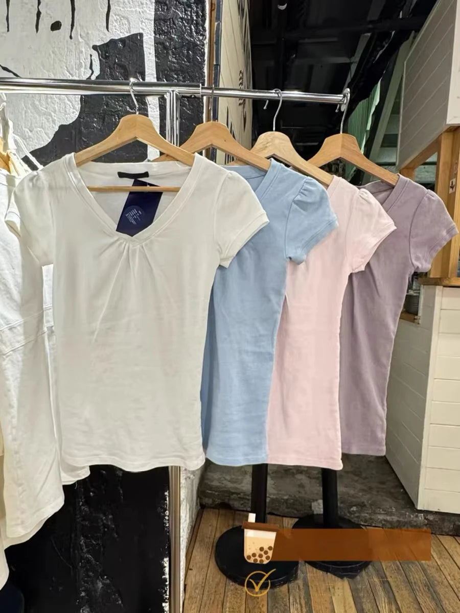 Folds V-neck Basic T-shirt Woman Summer Short Sleeve Cotton Slim Tee Shirts Female Casual Simple All-match Sweet Tshirt Tops
