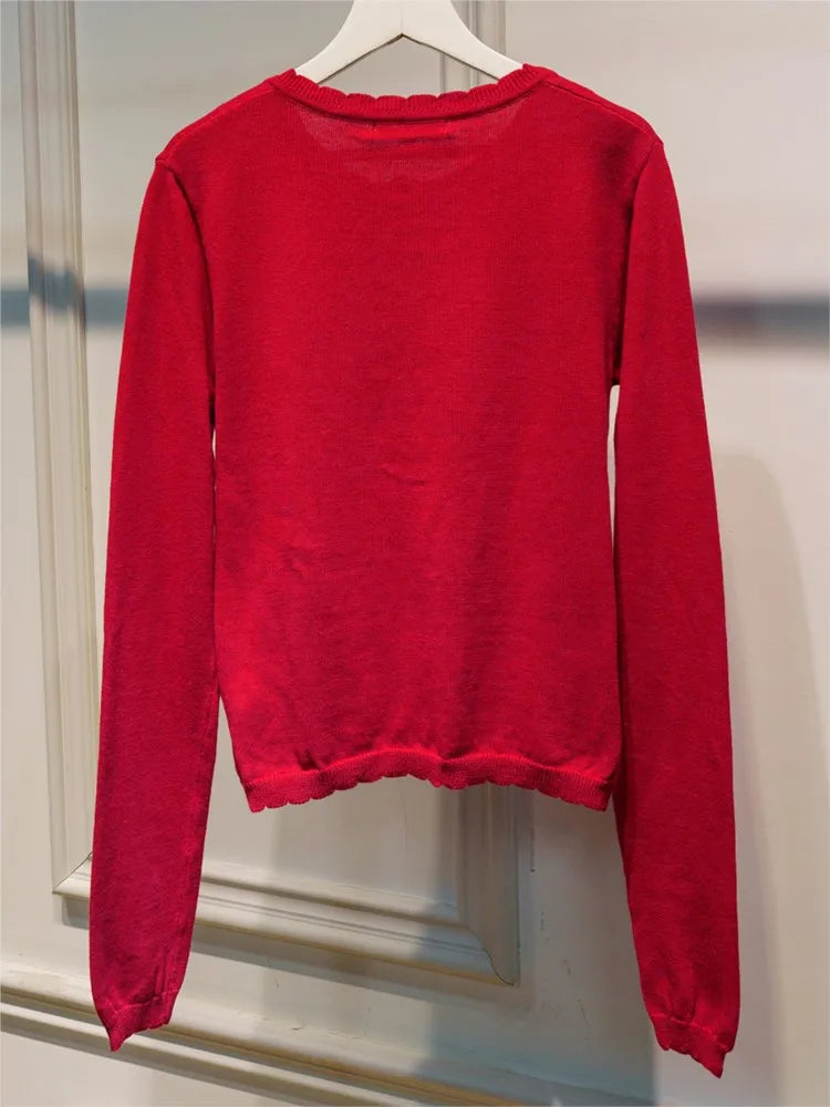 Christmas Red Pockets Slim Knitted Cardigan Woman O-Neck Long Sleeve Cotton Sweaters Sweet Preppy Style Knitwear Coat Tops