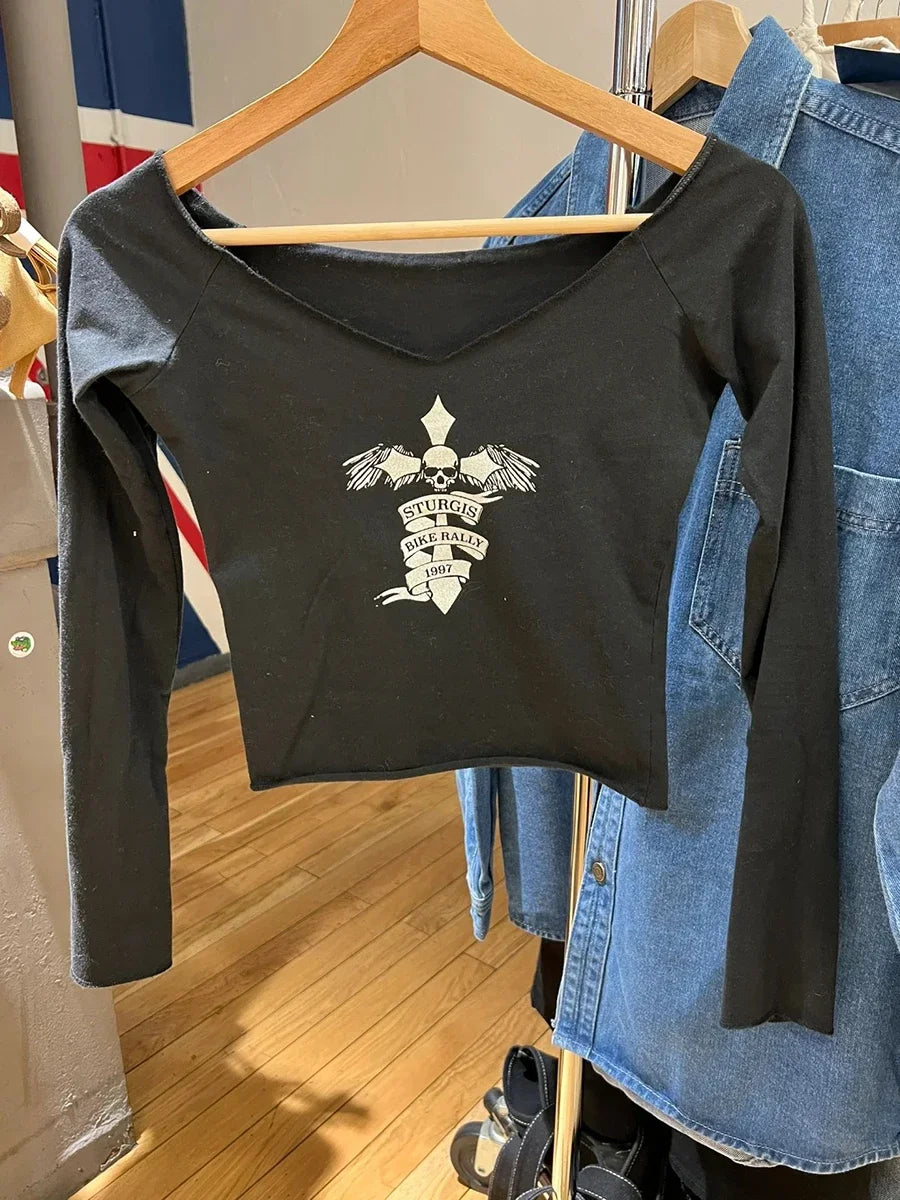 American Cross Print Slim Long Sleeve Crop Top Women Autumn Sexy V-neck Cotton Cropped Tee Vintage Streetwear T-shirts Y2k Tops