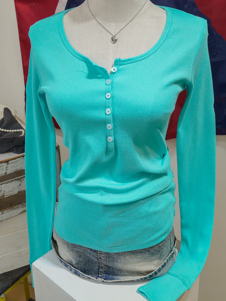 Navy Six ButtonsT-shirts Women Autumn New Round Neck Cotton Ribbed Slim  Long Sleeve Tee Top Casual Vintage Chic Tshirt Y2k Tops