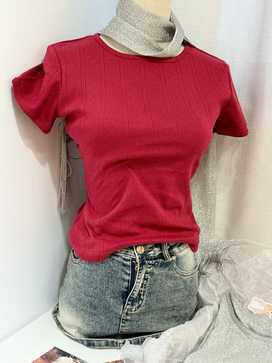 Red Eyelet O-neck Short Sleeve Tees Women New Casual Slim Cotton Simple Baisc Tops Vintage All-match T-shirts Y2K top