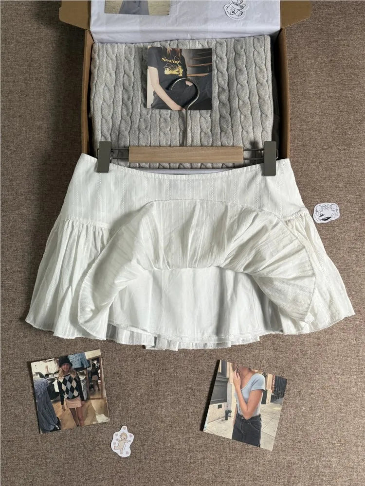 Lace-up A-line Shirks Women Summer Simple Cotton Low Waist Elastic Eyelet Pleated Mini Skirts Sweet Cute Streetwear Falda Y2K