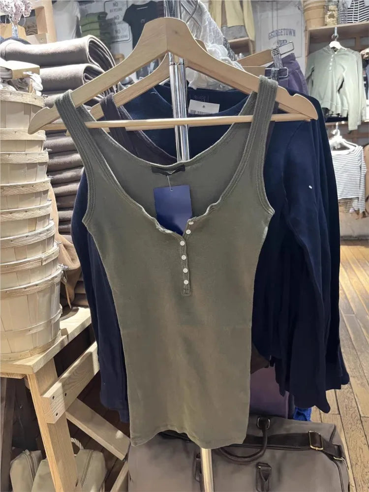 Six Buttons Army Green Slim Tank Top Woman Summer  Y2KStreetwear U Collar Sleeveless Cotton Vest American Vintage Basic Tops New