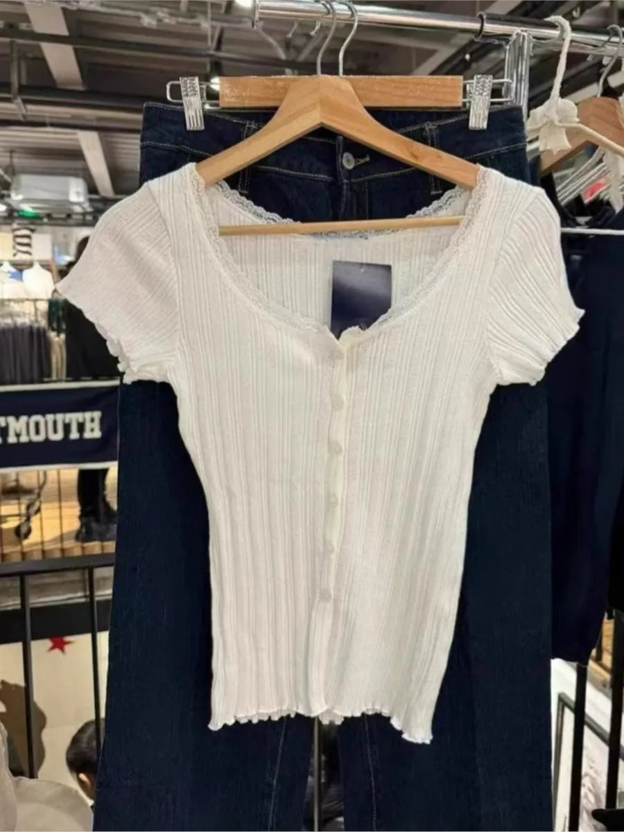 Basic White Lace Trim Buttons T-shirts Women New Spring Casual Slim O-neck Short Sleeve Tees Sweet Cute Vintage T Shirt Y2K Tops