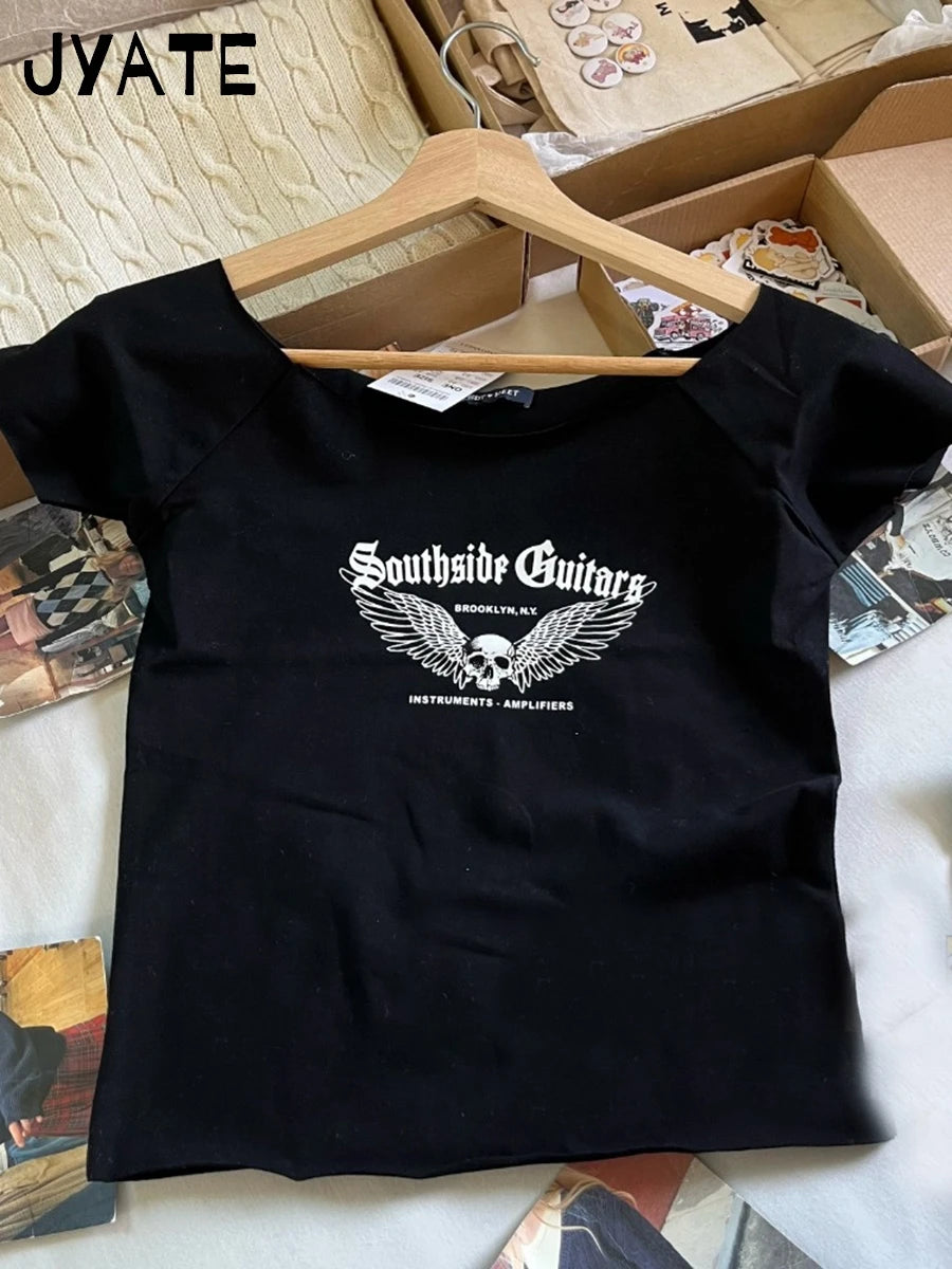 Letter Patchwork Embroidery T-shirts Women Casual Simple Raw Hem Slash Neck Short Sleeve Tees Vintage Chic Sweet Crop Tops Y2K